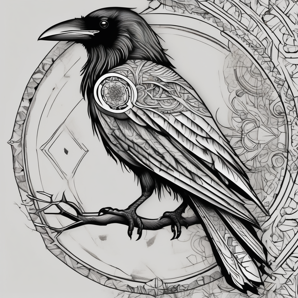 left arm tattoo of a raven on a branch surrounded by mandala hello kitty tattoo, design de tatouage Croquis généré par IA